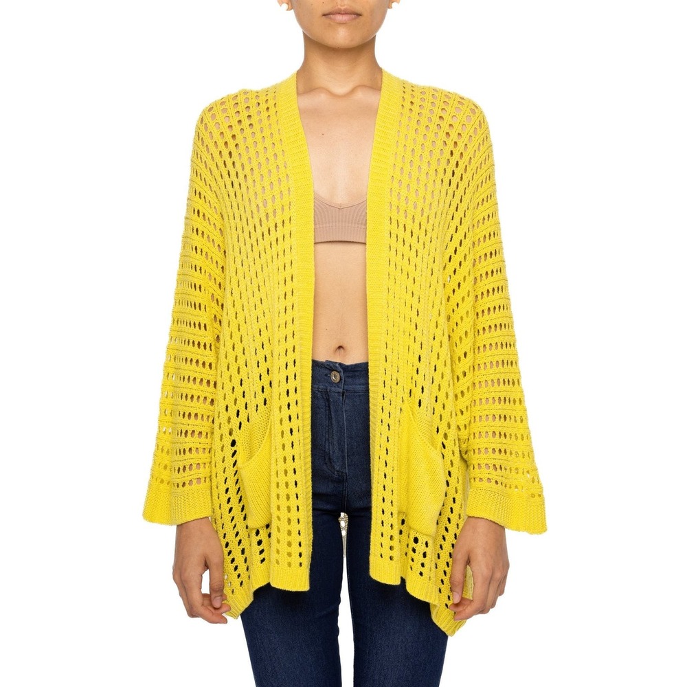 Women's Yellow Crochet Cardigan Size L Star Knit Soft Cozy Oversized Casual